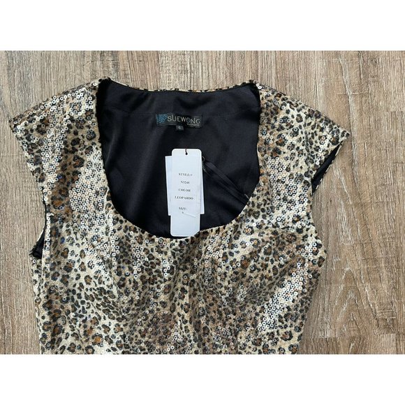 Sue Wong Womens Sequined Leopard Print Cocktail Dress Beige Sz 2 - Picture 3 of 3